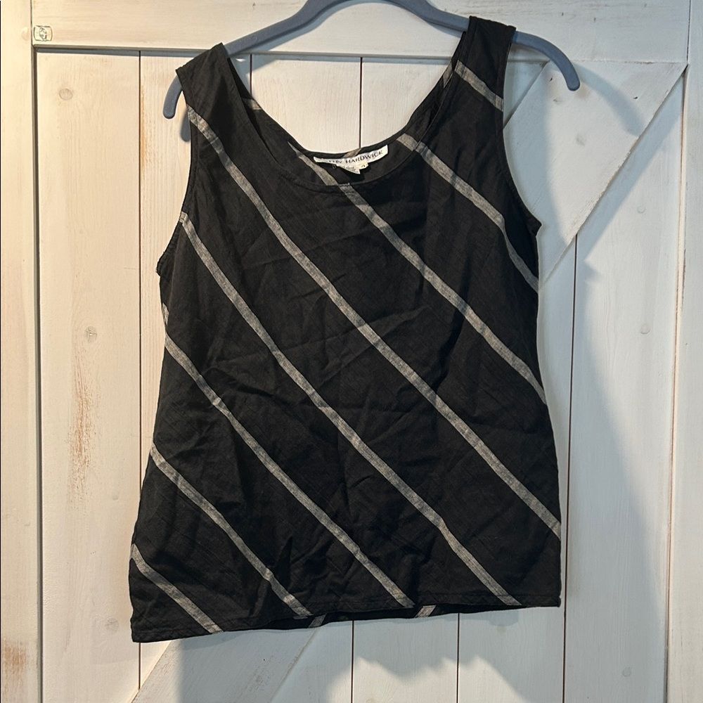 Cathy Hardwick Ramie Cotton Gray Black Diagonal Stripe Scoop Neck Tank Top 4